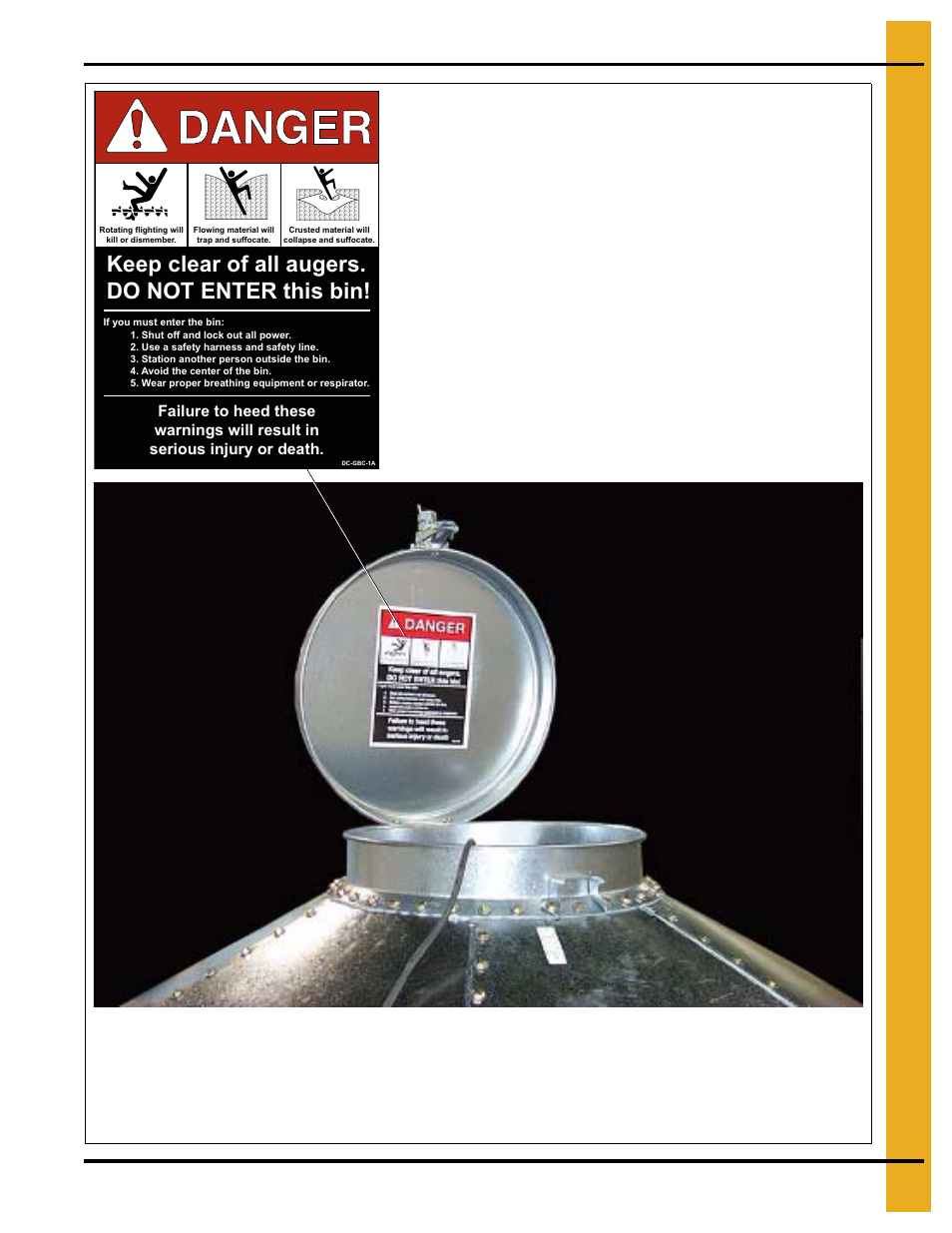 Keep clear of all augers. do not enter this bin, Decals | Grain Systems Tanks PNEG-257 User Manual | Page 13 / 98