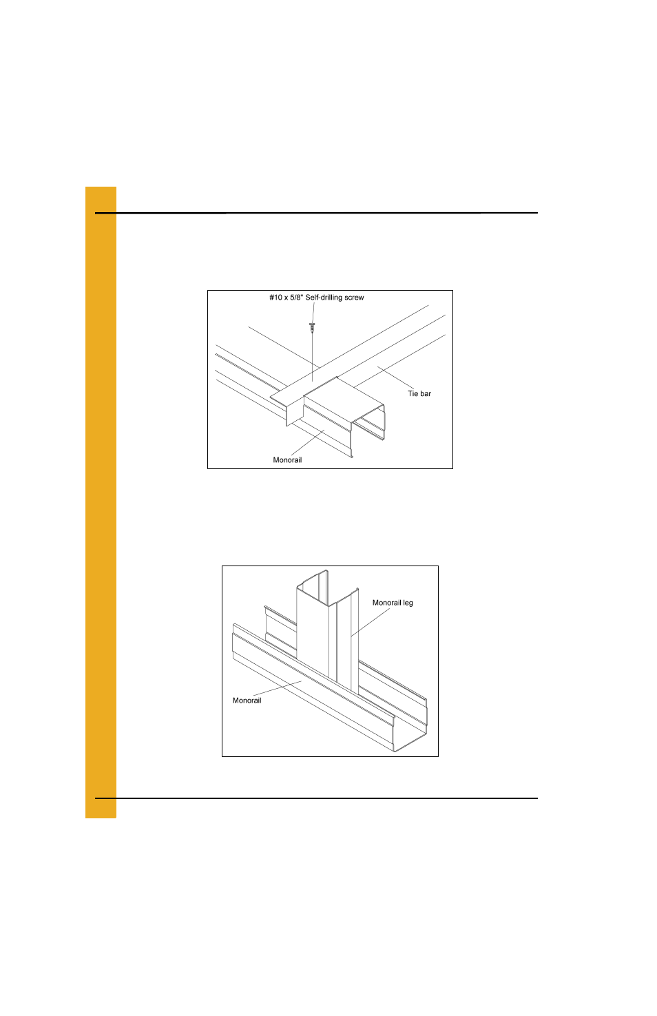 Monorail installation, Chapter 4 monorail installation, Tie bar detail assembling legs to rail | Tie bar detail, Assembling legs to rail | Grain Systems Bin Flooring PNEG-225 User Manual | Page 14 / 80
