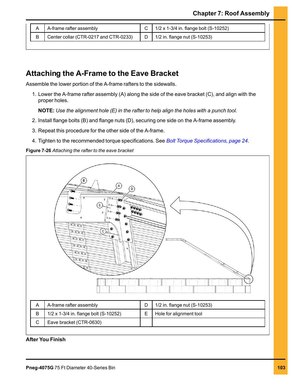 Attaching the a-frame to the eave bracket, Chapter 7: roof assembly | Grain Systems Tanks PNEG-4075G User Manual | Page 103 / 170