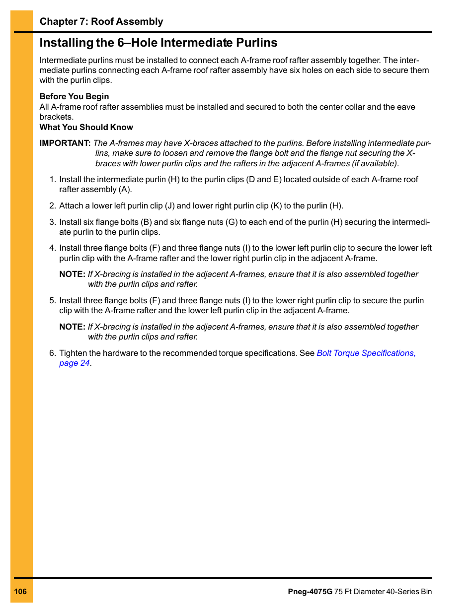 Installing the 6–hole intermediate purlins | Grain Systems Tanks PNEG-4075G User Manual | Page 106 / 170