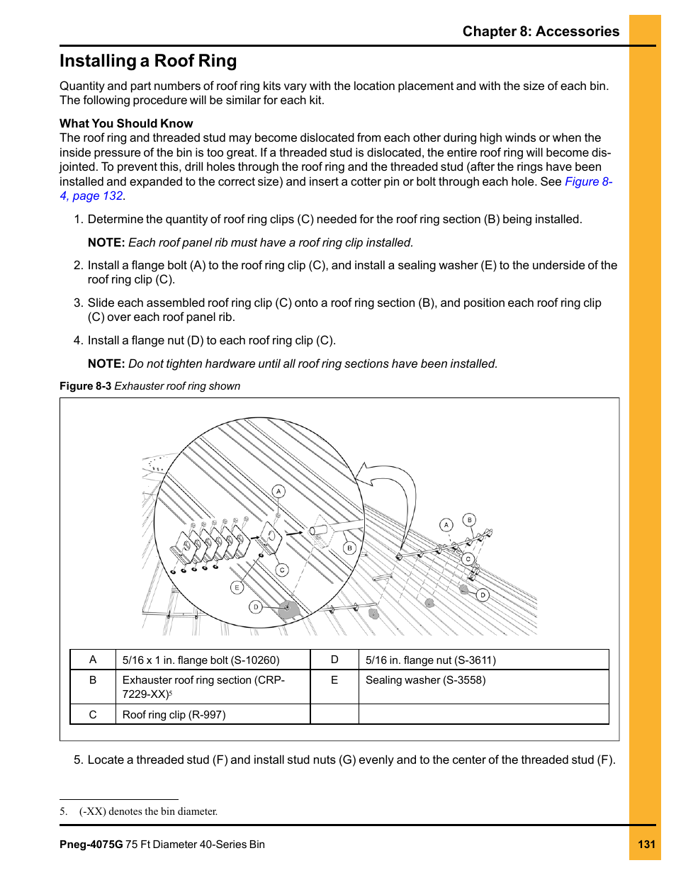 Installing a roof ring, Chapter 8: accessories | Grain Systems Tanks PNEG-4075G User Manual | Page 131 / 170