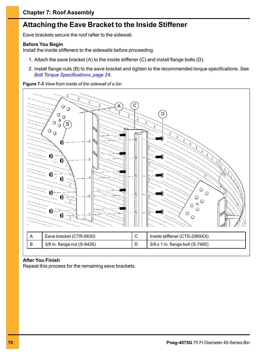 Attaching the eave bracket to the inside stiffener, Chapter 7: roof assembly | Grain Systems Tanks PNEG-4075G User Manual | Page 70 / 170