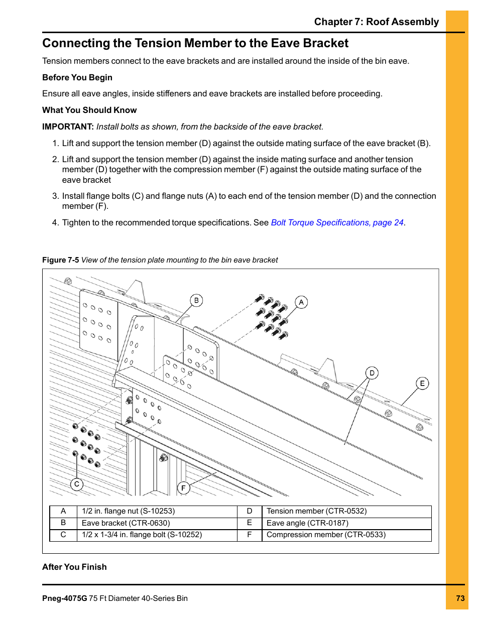 Connecting the tension member to the eave bracket, Chapter 7: roof assembly | Grain Systems Tanks PNEG-4075G User Manual | Page 73 / 170