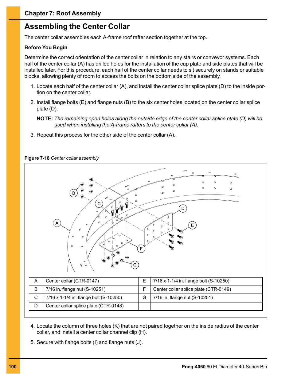 Assembling the center collar, Chapter 7: roof assembly | Grain Systems Tanks PNEG-4060 User Manual | Page 100 / 166