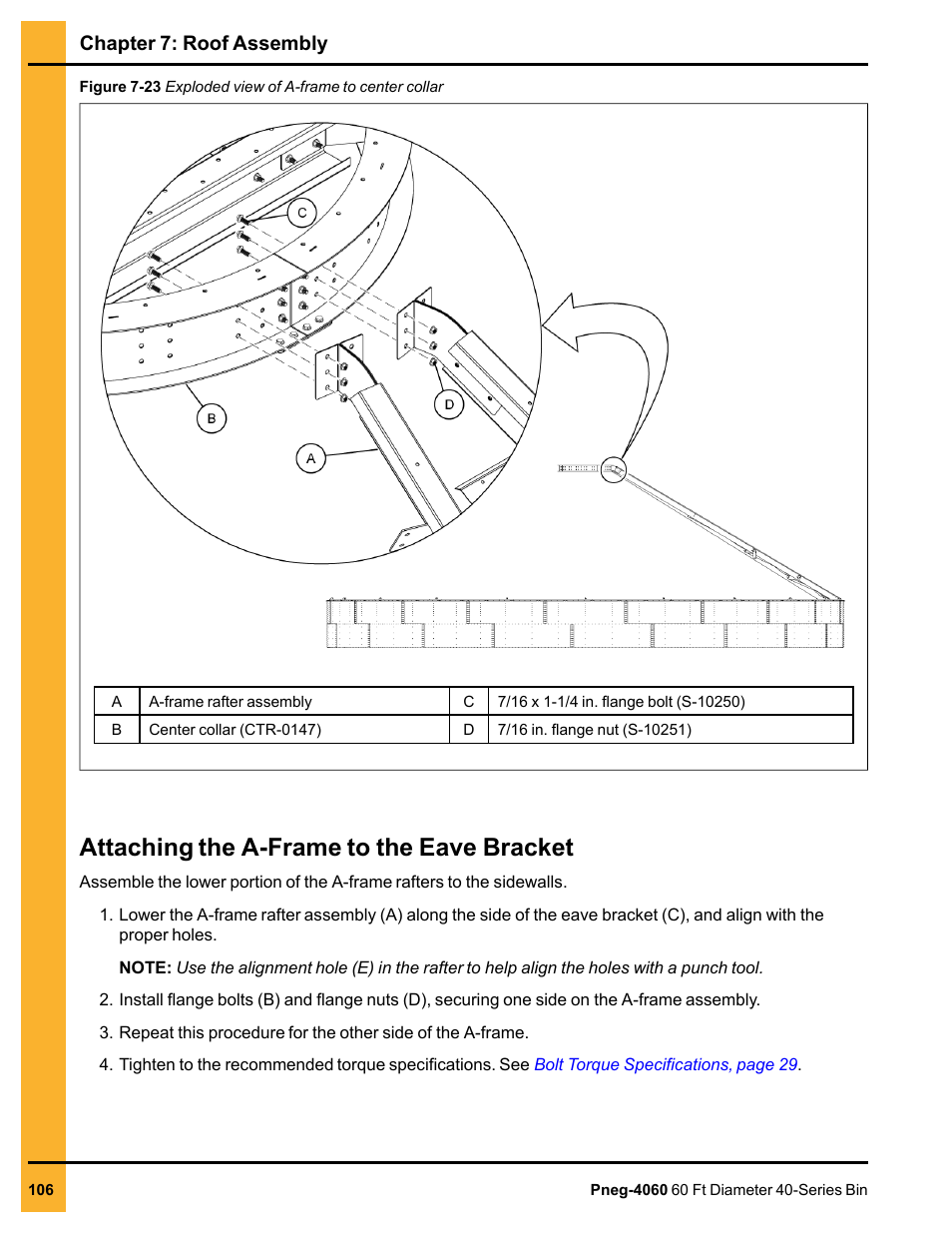 Attaching the a-frame to the eave bracket, Chapter 7: roof assembly | Grain Systems Tanks PNEG-4060 User Manual | Page 106 / 166