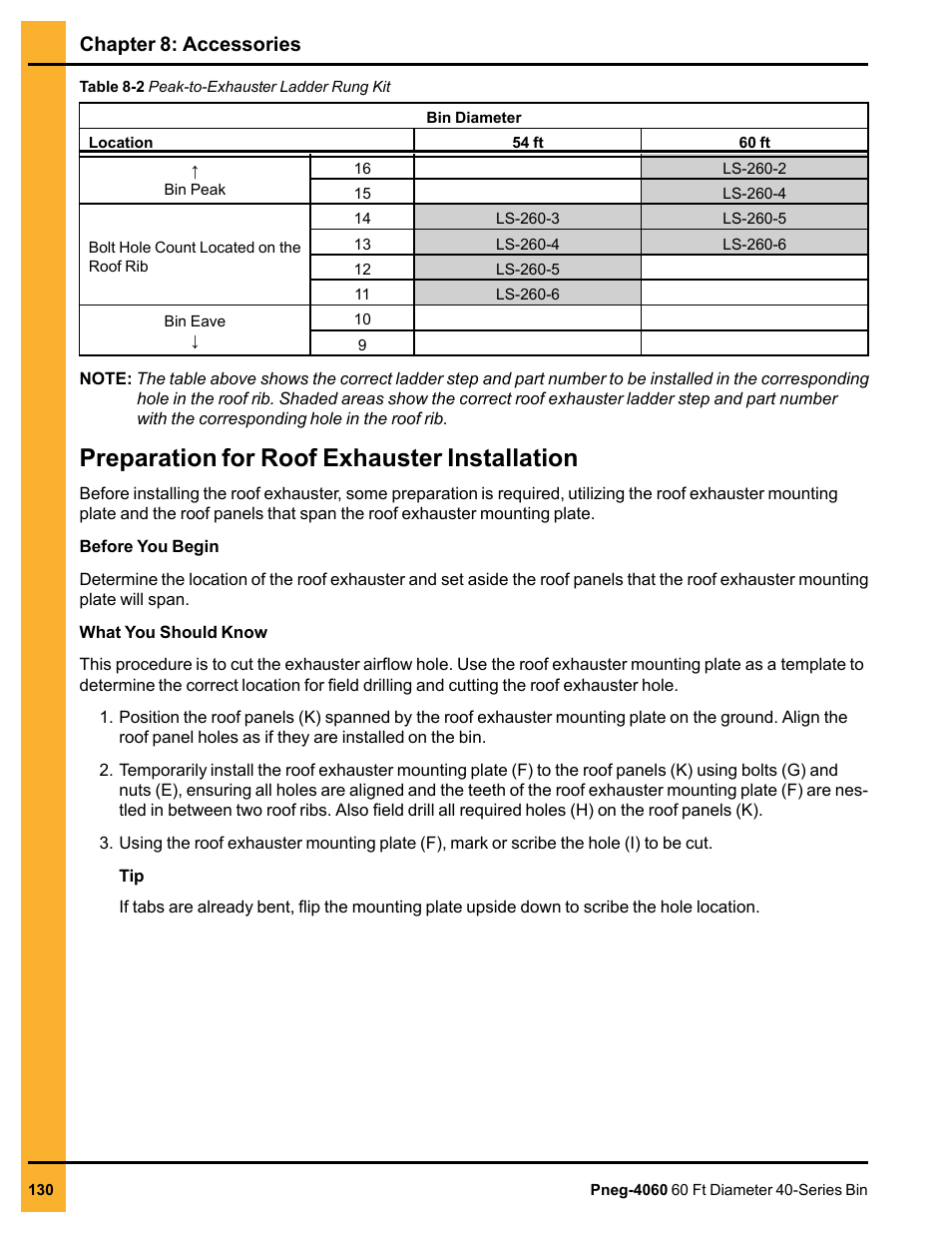 Preparation for roof exhauster installation, Chapter 8: accessories | Grain Systems Tanks PNEG-4060 User Manual | Page 130 / 166