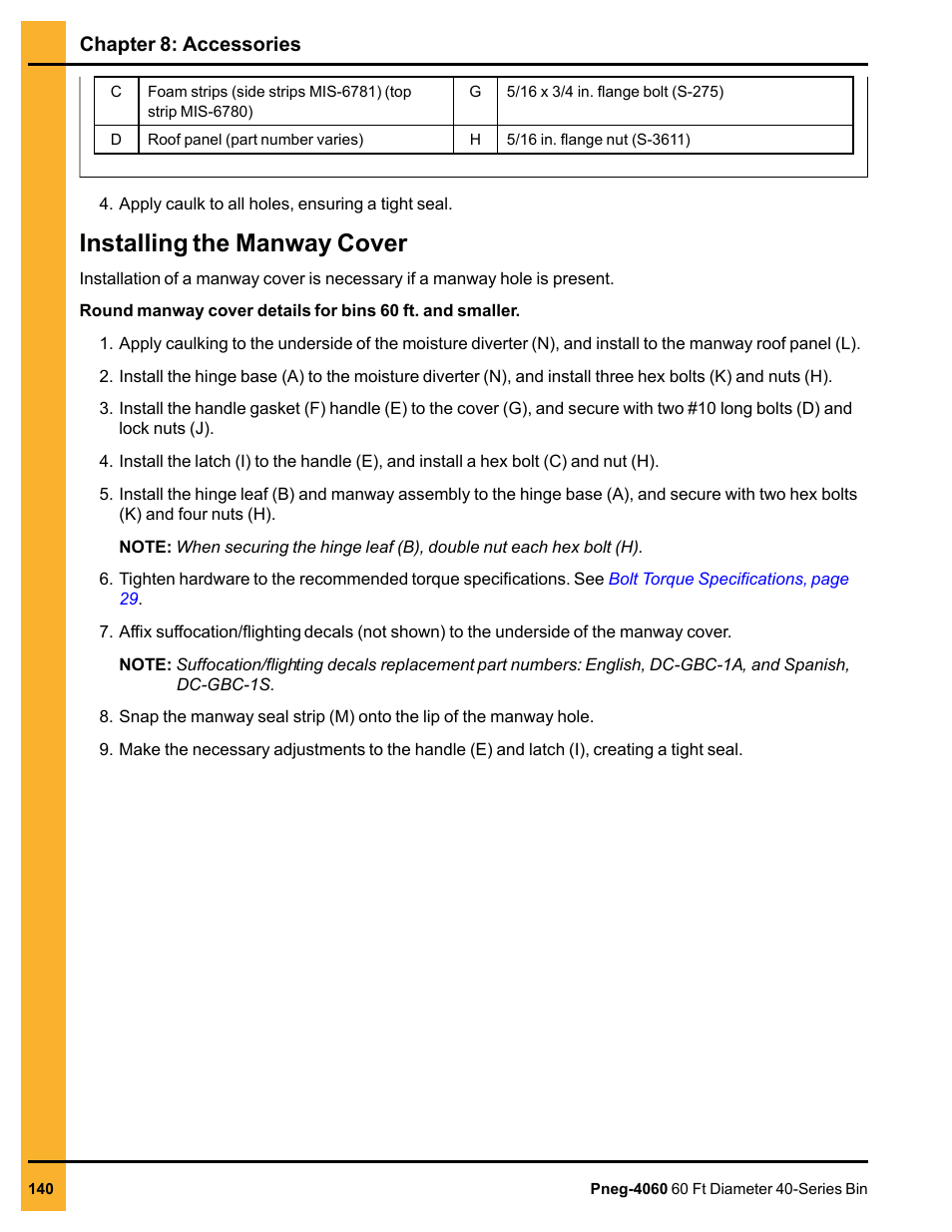 Installing the manway cover | Grain Systems Tanks PNEG-4060 User Manual | Page 140 / 166