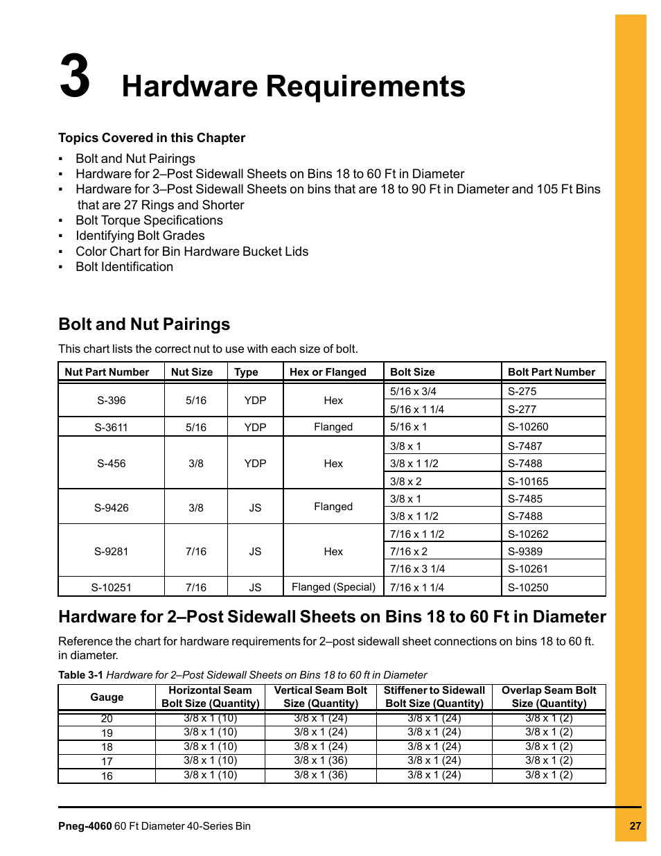 Chapter 3 hardware requirements, Bolt and nut pairings, Chapter 3 | Hardware requirements | Grain Systems Tanks PNEG-4060 User Manual | Page 27 / 166