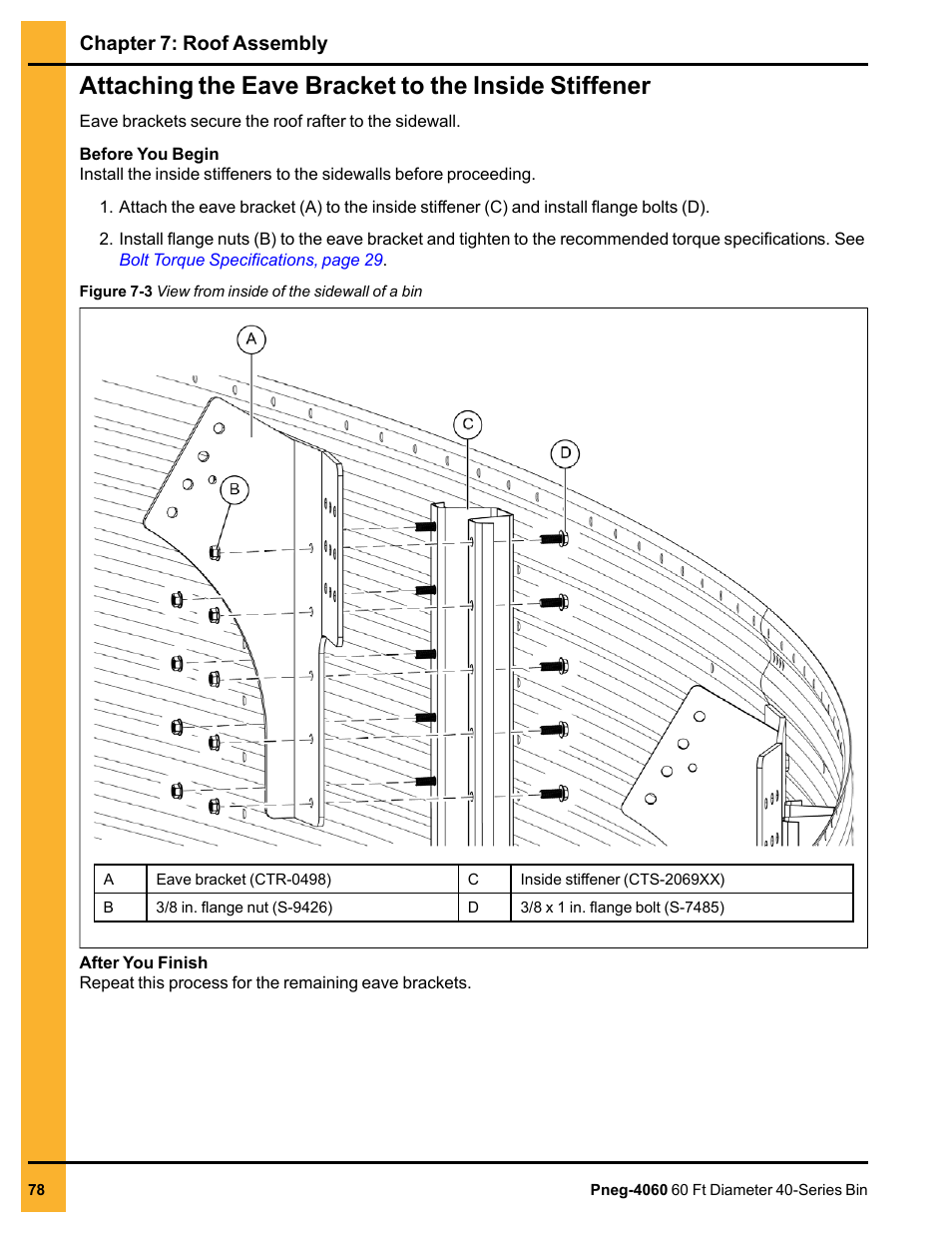 Attaching the eave bracket to the inside stiffener, Chapter 7: roof assembly | Grain Systems Tanks PNEG-4060 User Manual | Page 78 / 166