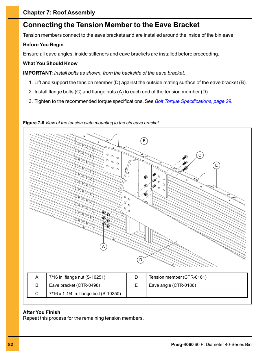 Connecting the tension member to the eave bracket, Chapter 7: roof assembly | Grain Systems Tanks PNEG-4060 User Manual | Page 82 / 166