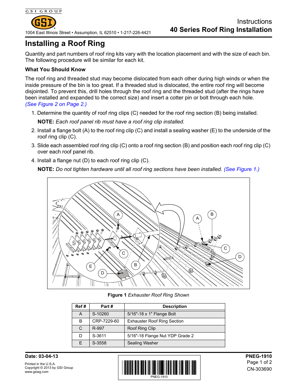 Grain Systems Bin Accessories PNEG-1910 User Manual | 2 pages