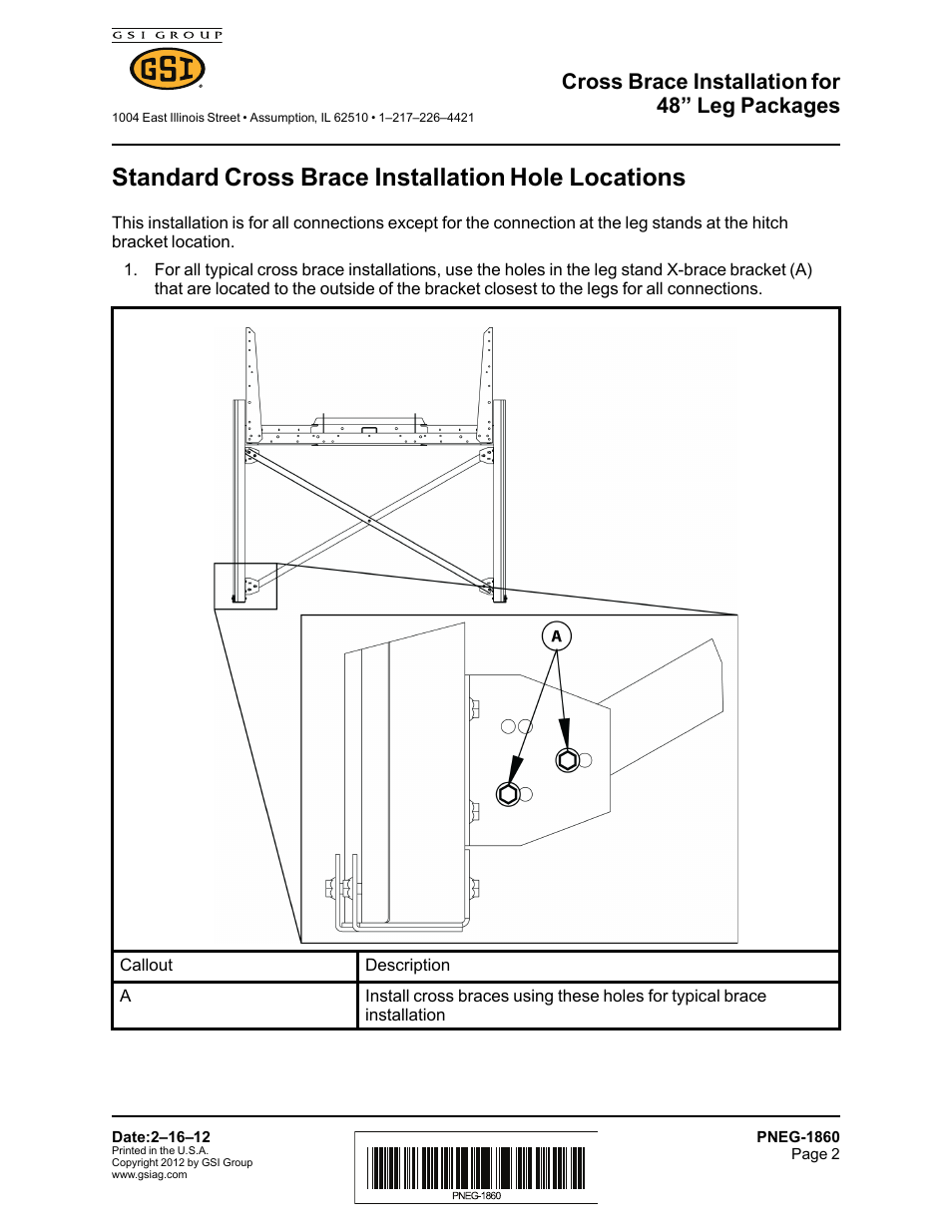 Standard cross brace installation hole locations, Cross brace installation for 48” leg packages | Grain Systems PNEG-1860 User Manual | Page 2 / 6