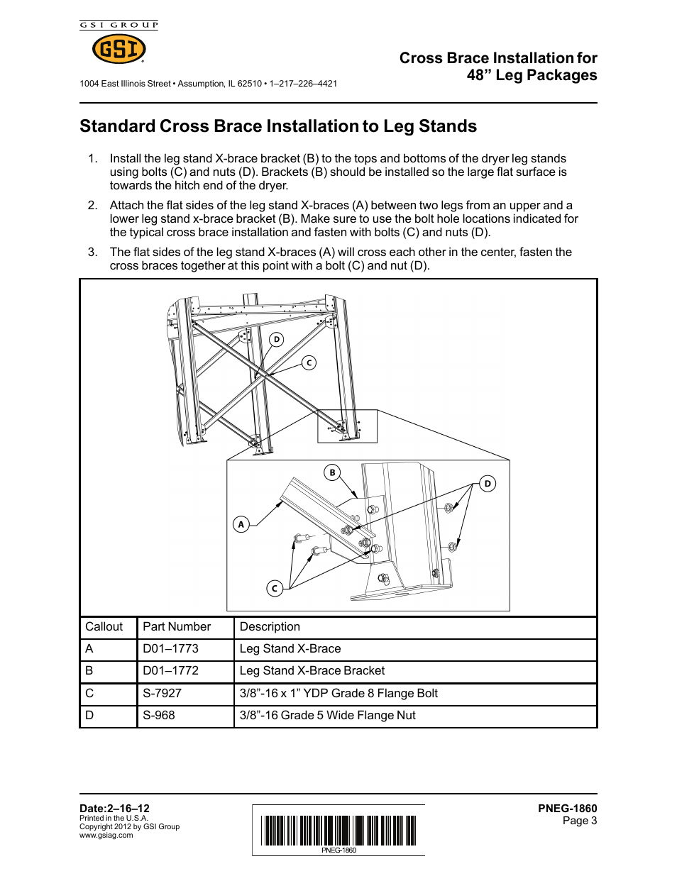 Standard cross brace installation to leg stands, Cross brace installation for 48” leg packages | Grain Systems PNEG-1860 User Manual | Page 3 / 6