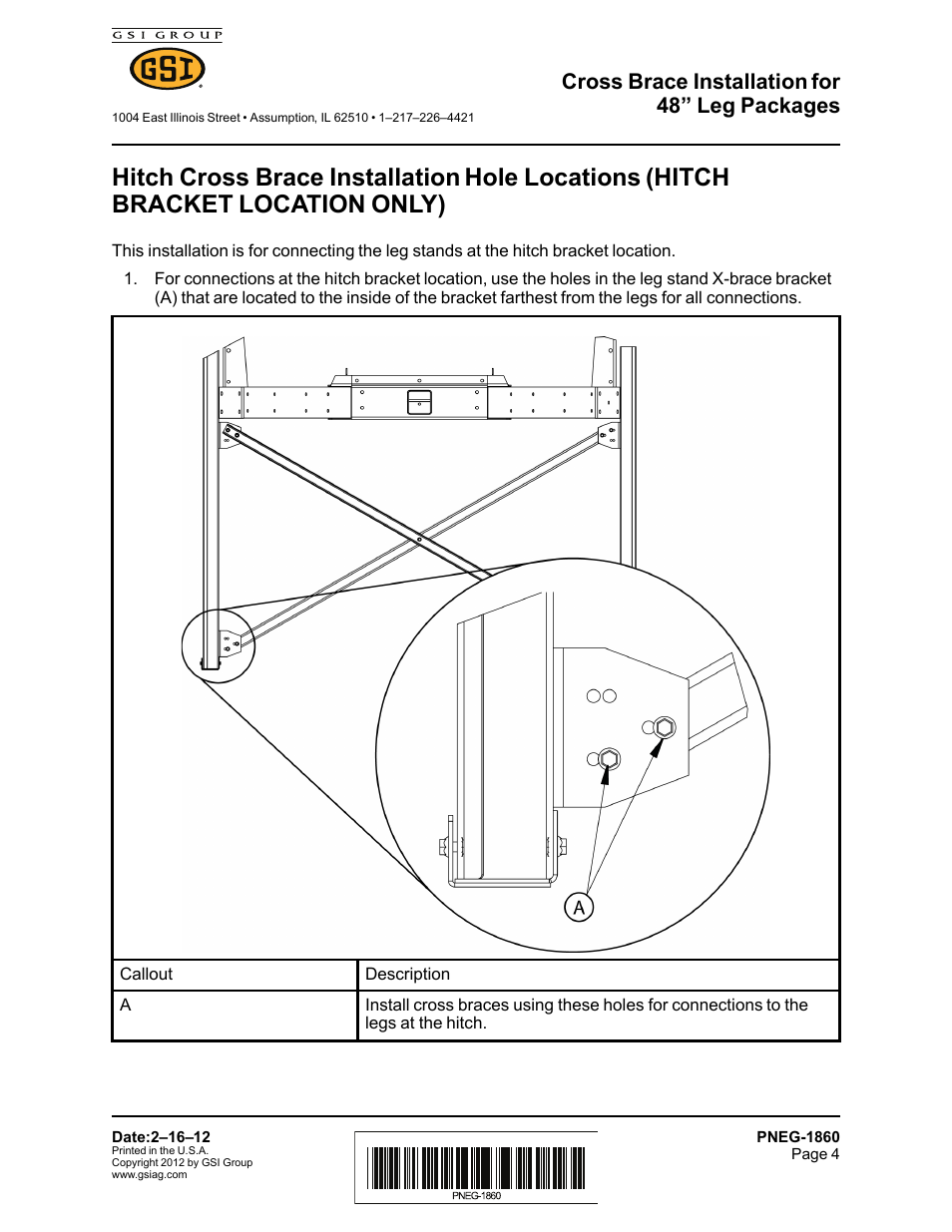 Cross brace installation for 48” leg packages | Grain Systems PNEG-1860 User Manual | Page 4 / 6