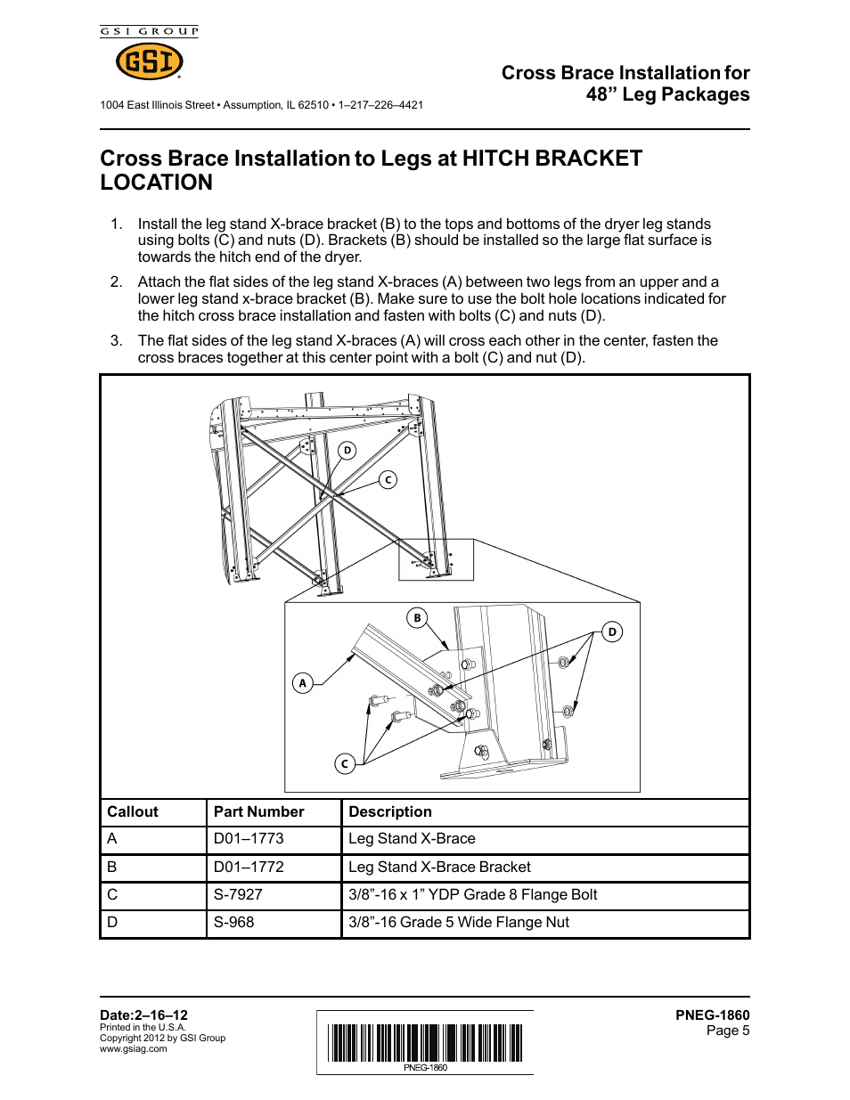 Cross brace installation for 48” leg packages | Grain Systems PNEG-1860 User Manual | Page 5 / 6