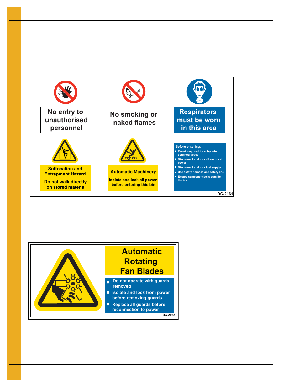 Decals, Chapter 2 decals, Automatic rotating fan blades | No smoking or naked flames | Grain Systems PNEG-1820 User Manual | Page 8 / 36