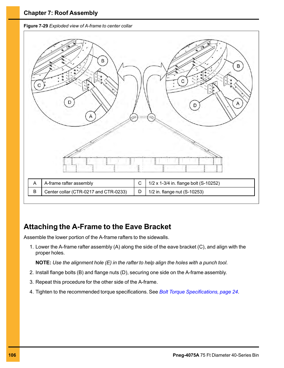 Attaching the a-frame to the eave bracket, Chapter 7: roof assembly | Grain Systems Tanks PNEG-4075A User Manual | Page 106 / 166