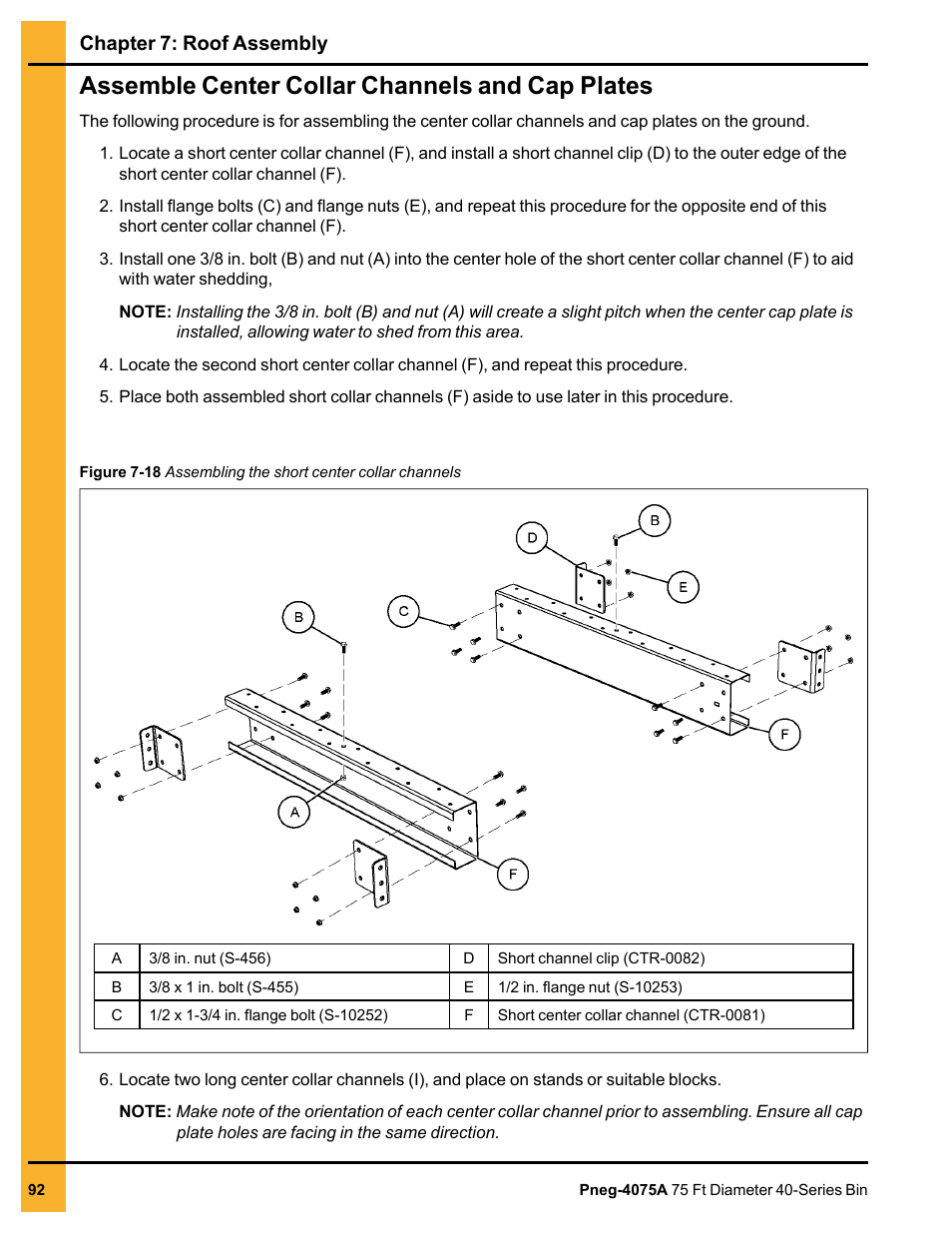 Assemble center collar channels and cap plates, Chapter 7: roof assembly | Grain Systems Tanks PNEG-4075A User Manual | Page 92 / 166