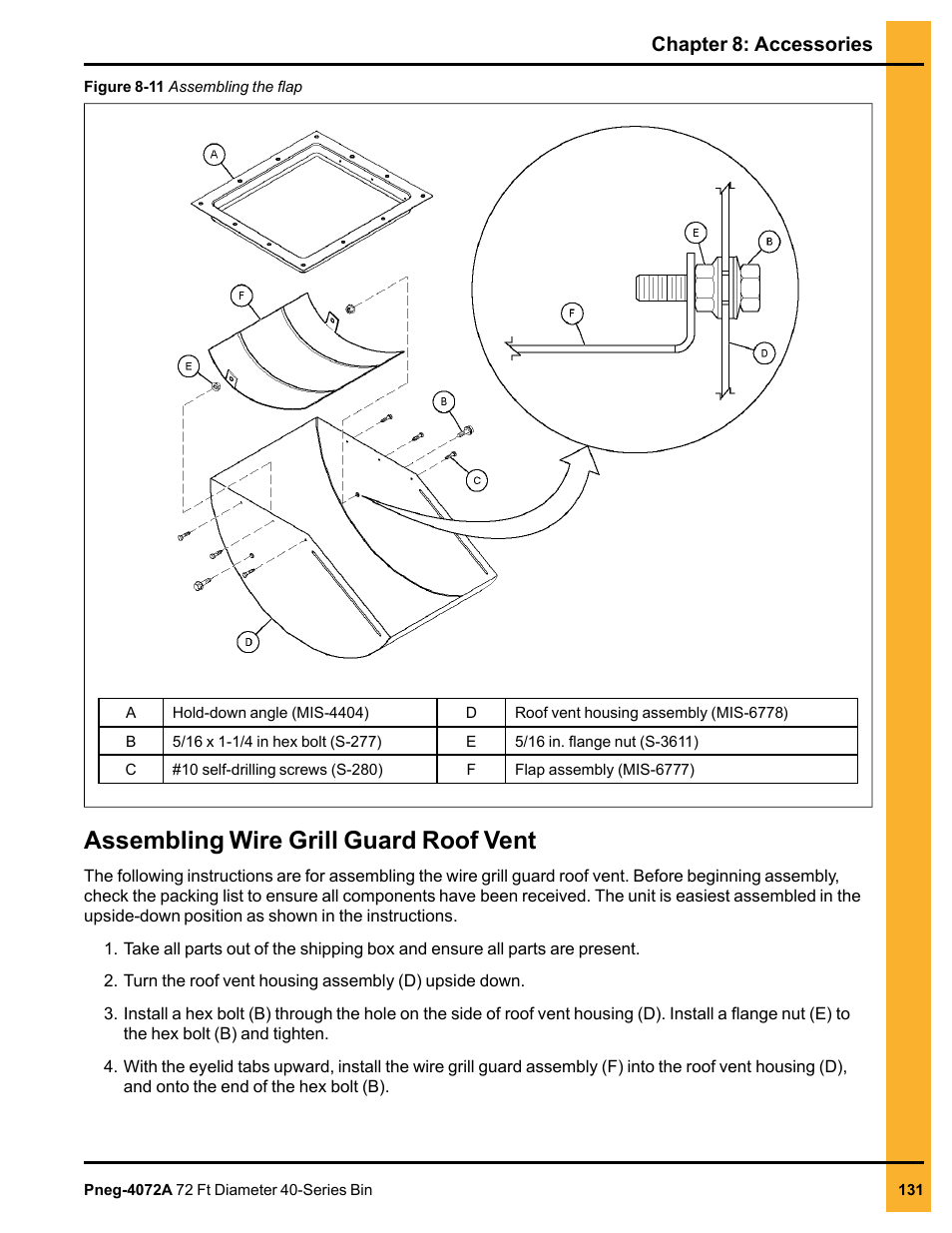 Assembling wire grill guard roof vent, Chapter 8: accessories | Grain Systems Tanks PNEG-4072A User Manual | Page 131 / 160