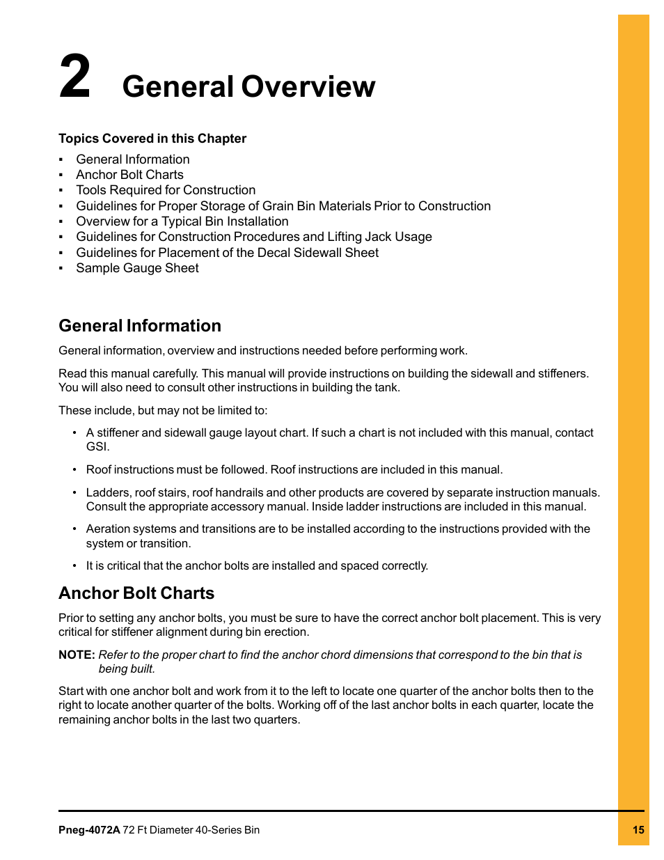 Chapter 2 general overview, General information, Anchor bolt charts | Chapter 2, General overview | Grain Systems Tanks PNEG-4072A User Manual | Page 15 / 160