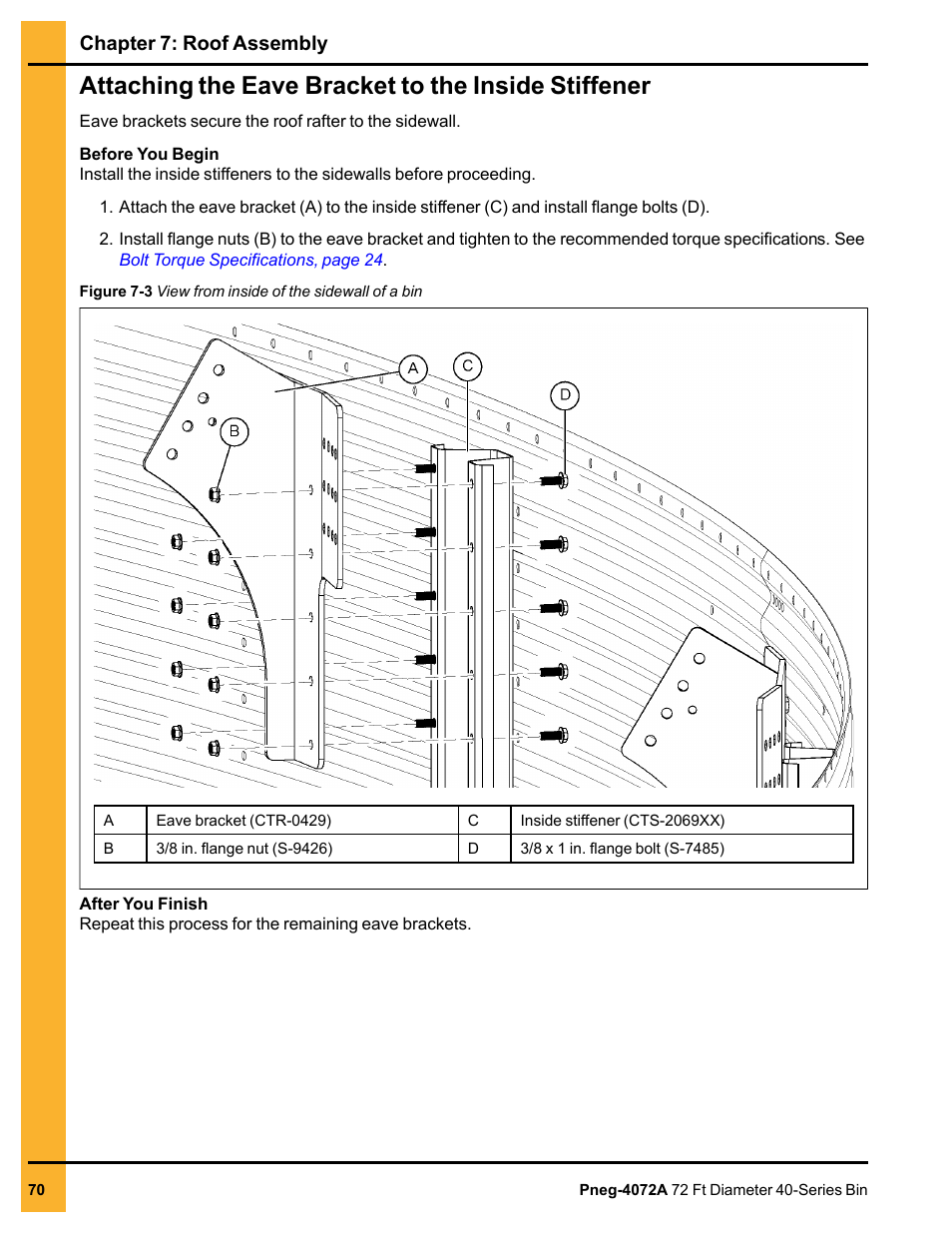 Attaching the eave bracket to the inside stiffener, Chapter 7: roof assembly | Grain Systems Tanks PNEG-4072A User Manual | Page 70 / 160