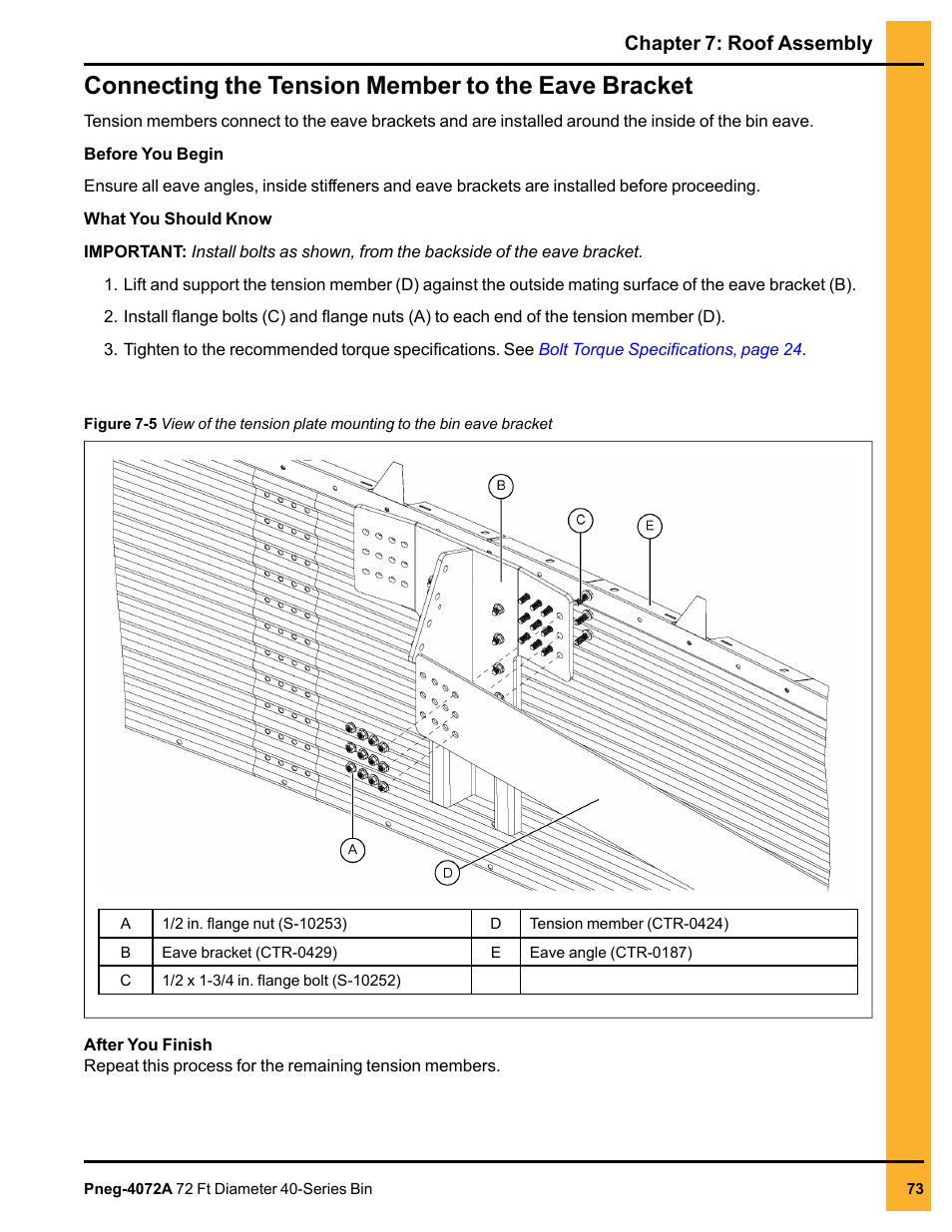 Connecting the tension member to the eave bracket, Chapter 7: roof assembly | Grain Systems Tanks PNEG-4072A User Manual | Page 73 / 160