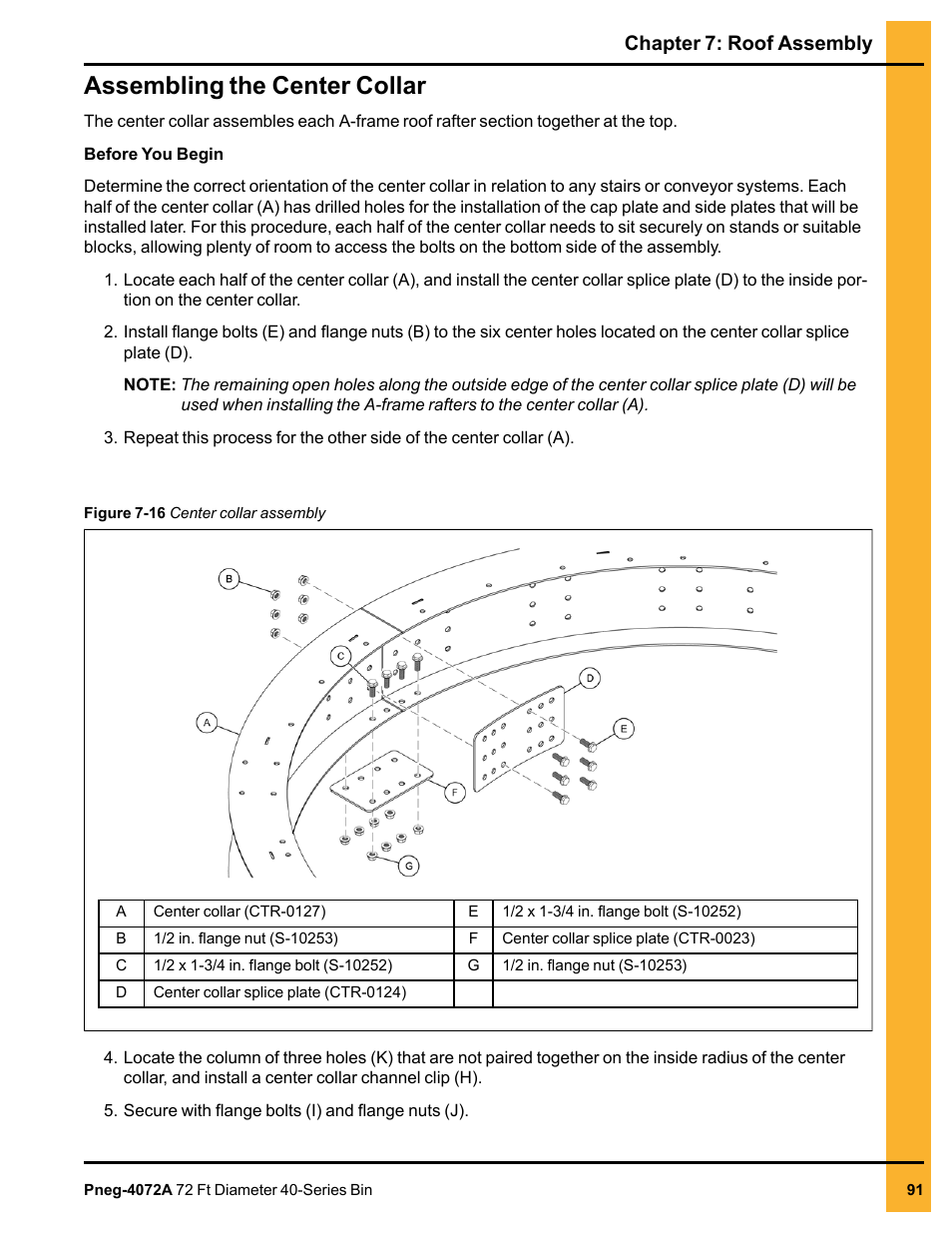 Assembling the center collar, Chapter 7: roof assembly | Grain Systems Tanks PNEG-4072A User Manual | Page 91 / 160