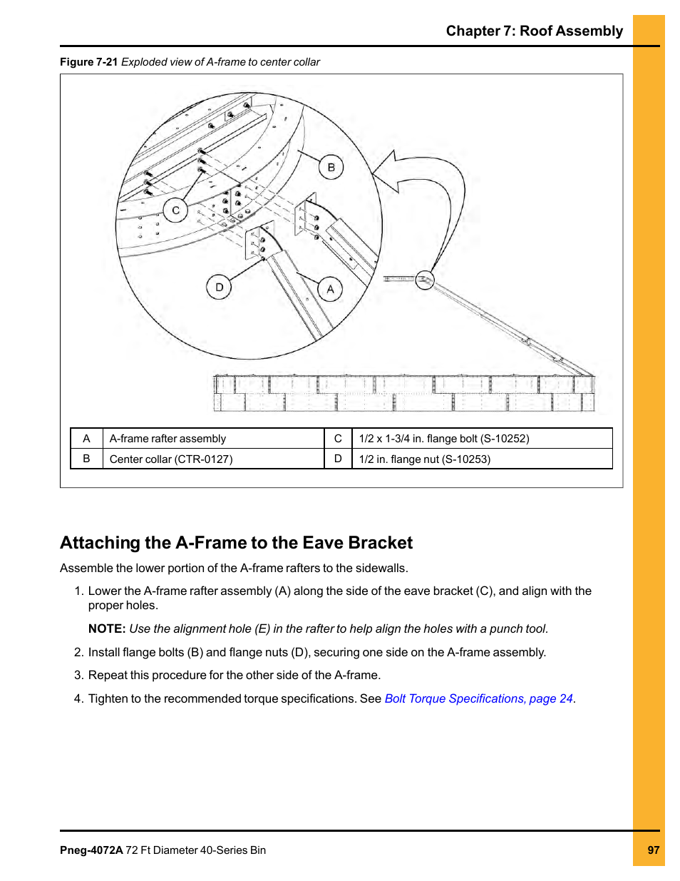 Attaching the a-frame to the eave bracket, Chapter 7: roof assembly | Grain Systems Tanks PNEG-4072A User Manual | Page 97 / 160