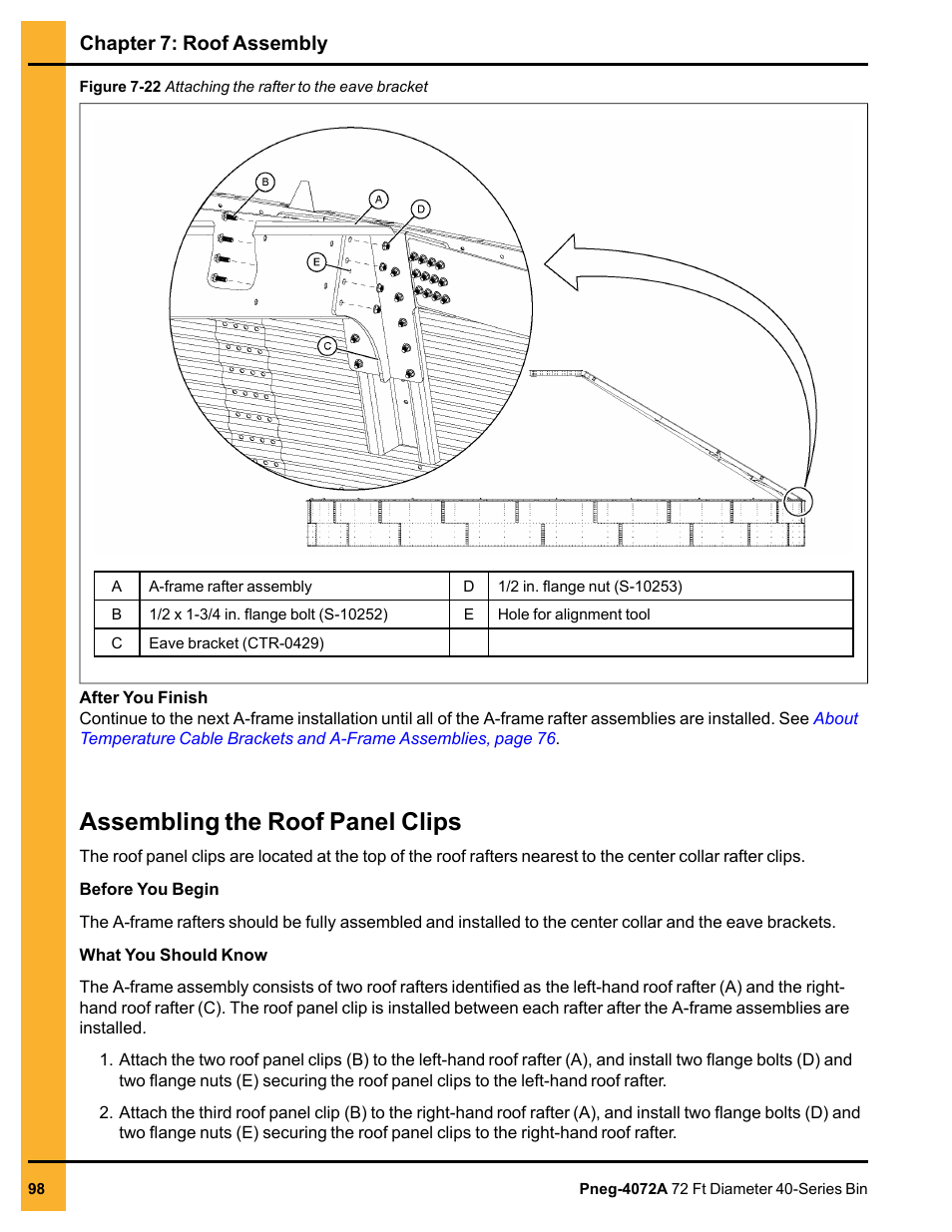 Assembling the roof panel clips, Chapter 7: roof assembly | Grain Systems Tanks PNEG-4072A User Manual | Page 98 / 160