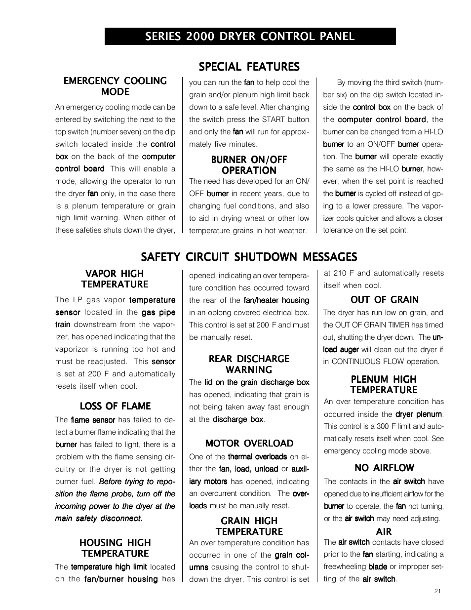 Series 2000 dryer control panel, Special features, Safety circuit shutdown messages | Grain Systems PNEG-573 User Manual | Page 21 / 86