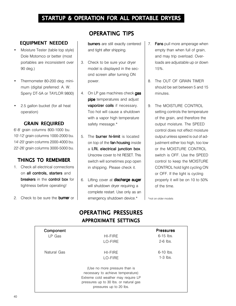 Operating tips, Operating pressures, Startup & operation for all portable dryers | Grain Systems PNEG-573 User Manual | Page 40 / 86