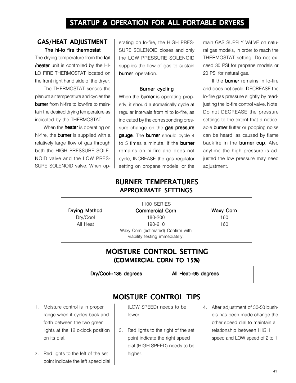 Moisture control tips, Burner temperatures | Grain Systems PNEG-573 User Manual | Page 41 / 86