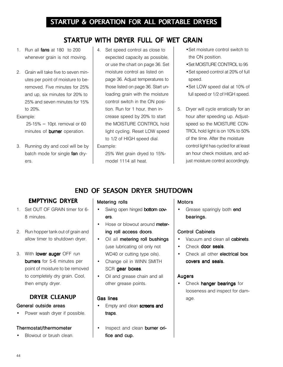 Startup with dryer full of wet grain, End of season dryer shutdown, Startup & operation for all portable dryers | Grain Systems PNEG-573 User Manual | Page 44 / 86