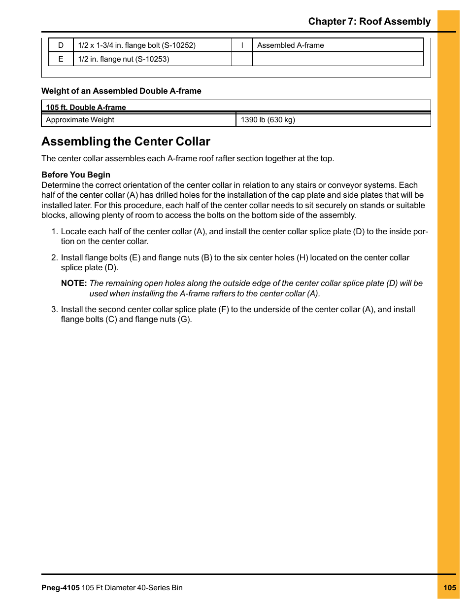 Assembling the center collar, Chapter 7: roof assembly | Grain Systems Tanks PNEG-4105 User Manual | Page 105 / 178