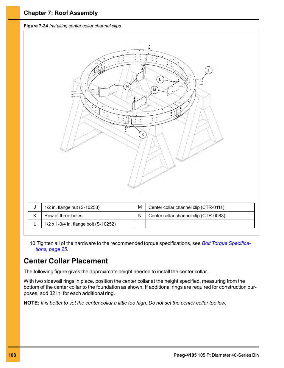 Center collar placement, Chapter 7: roof assembly | Grain Systems Tanks PNEG-4105 User Manual | Page 108 / 178