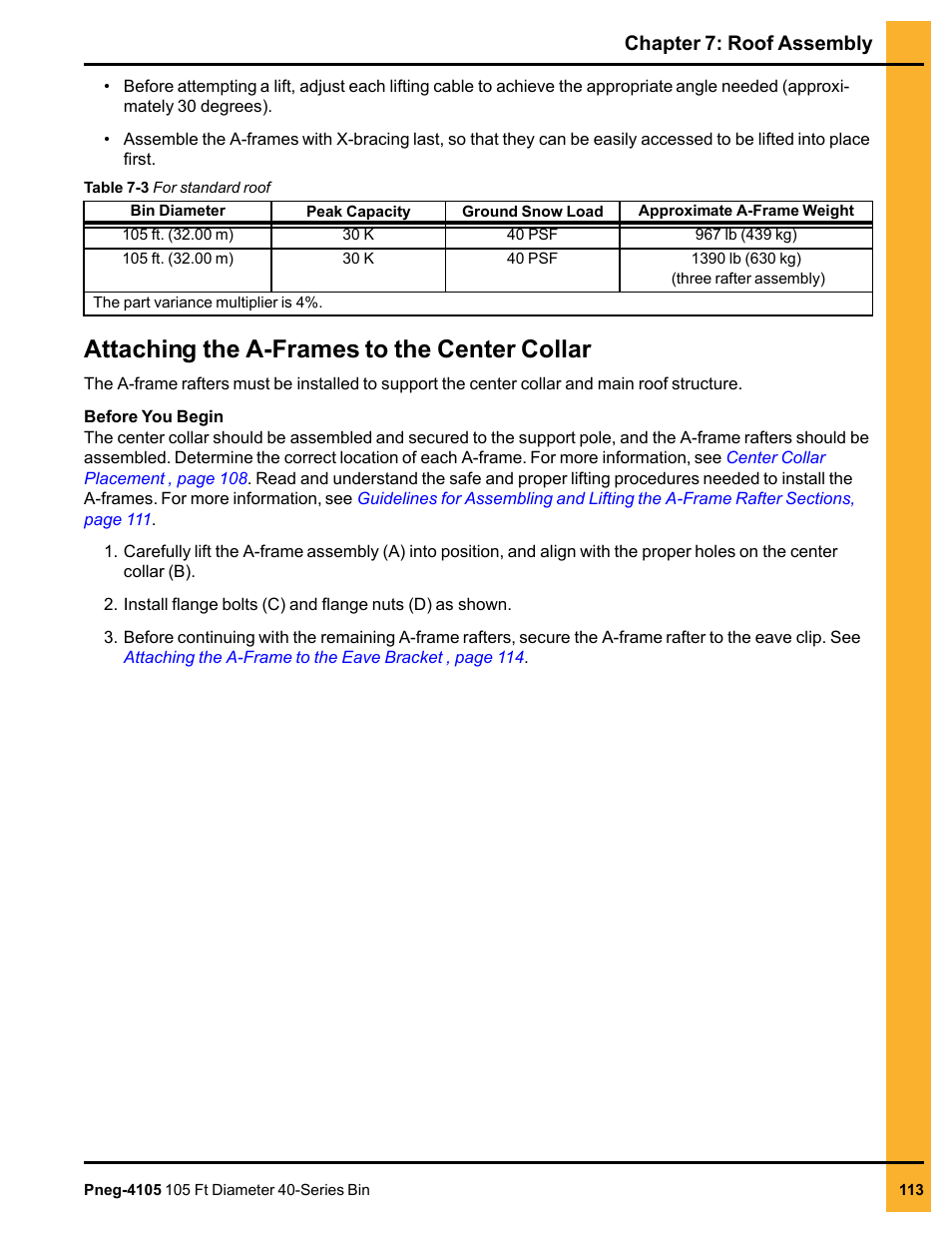 Attaching the a-frames to the center collar, Chapter 7: roof assembly | Grain Systems Tanks PNEG-4105 User Manual | Page 113 / 178