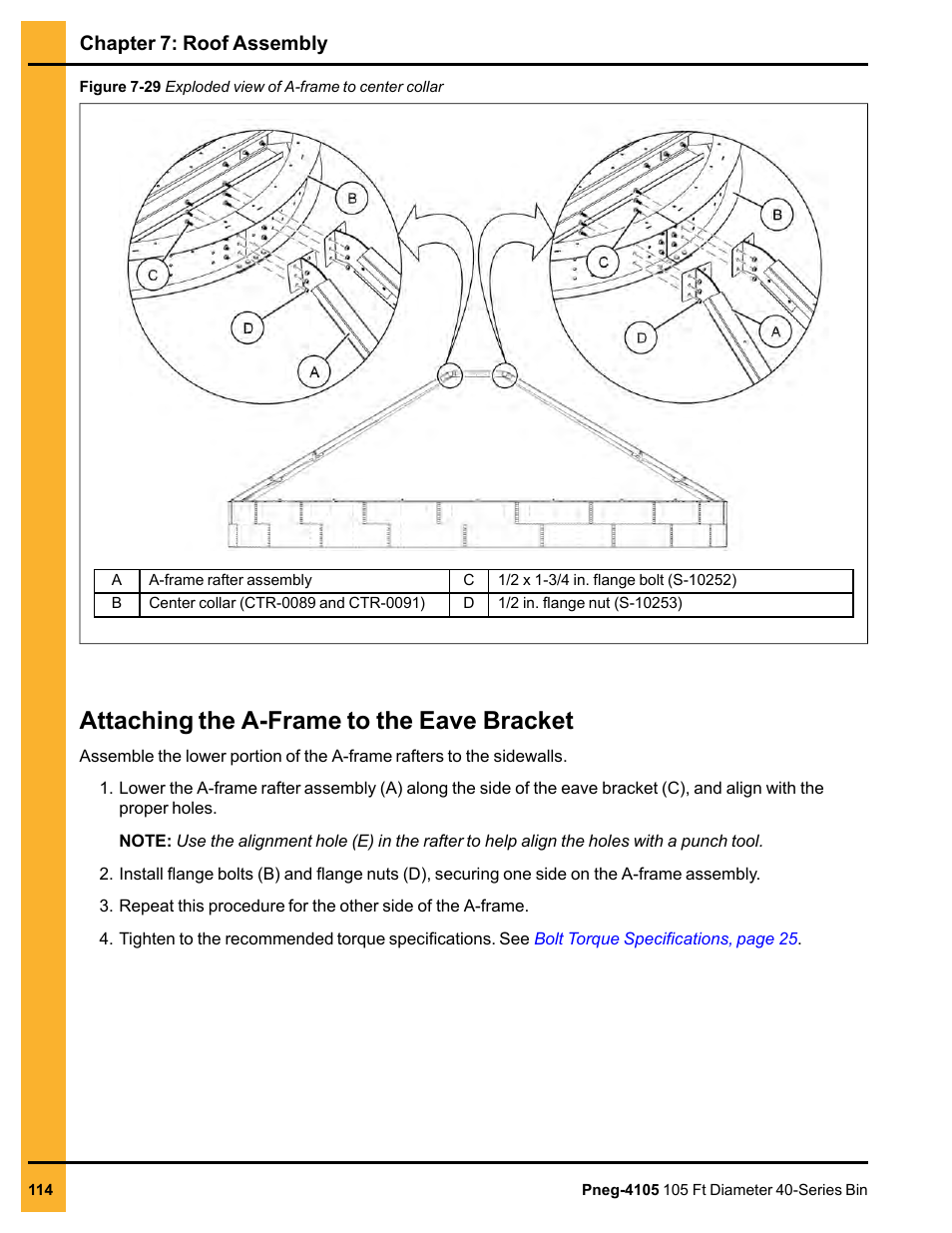 Attaching the a-frame to the eave bracket, Chapter 7: roof assembly | Grain Systems Tanks PNEG-4105 User Manual | Page 114 / 178