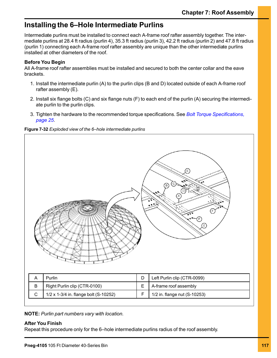 Installing the 6–hole intermediate purlins, Chapter 7: roof assembly | Grain Systems Tanks PNEG-4105 User Manual | Page 117 / 178