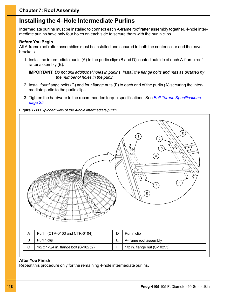 Installing the 4–hole intermediate purlins, Chapter 7: roof assembly | Grain Systems Tanks PNEG-4105 User Manual | Page 118 / 178