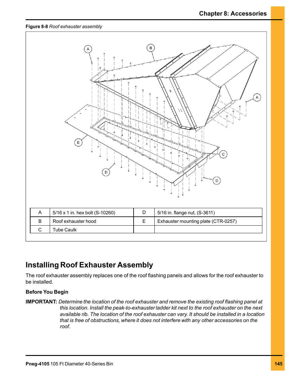 Installing roof exhauster assembly, Chapter 8: accessories | Grain Systems Tanks PNEG-4105 User Manual | Page 145 / 178