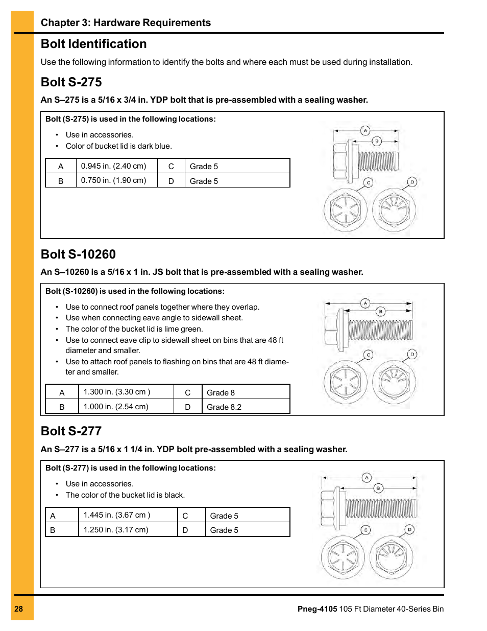 Bolt identification, Bolt s-275, Bolt s-10260 | Bolt s-277, Chapter 3: hardware requirements | Grain Systems Tanks PNEG-4105 User Manual | Page 28 / 178