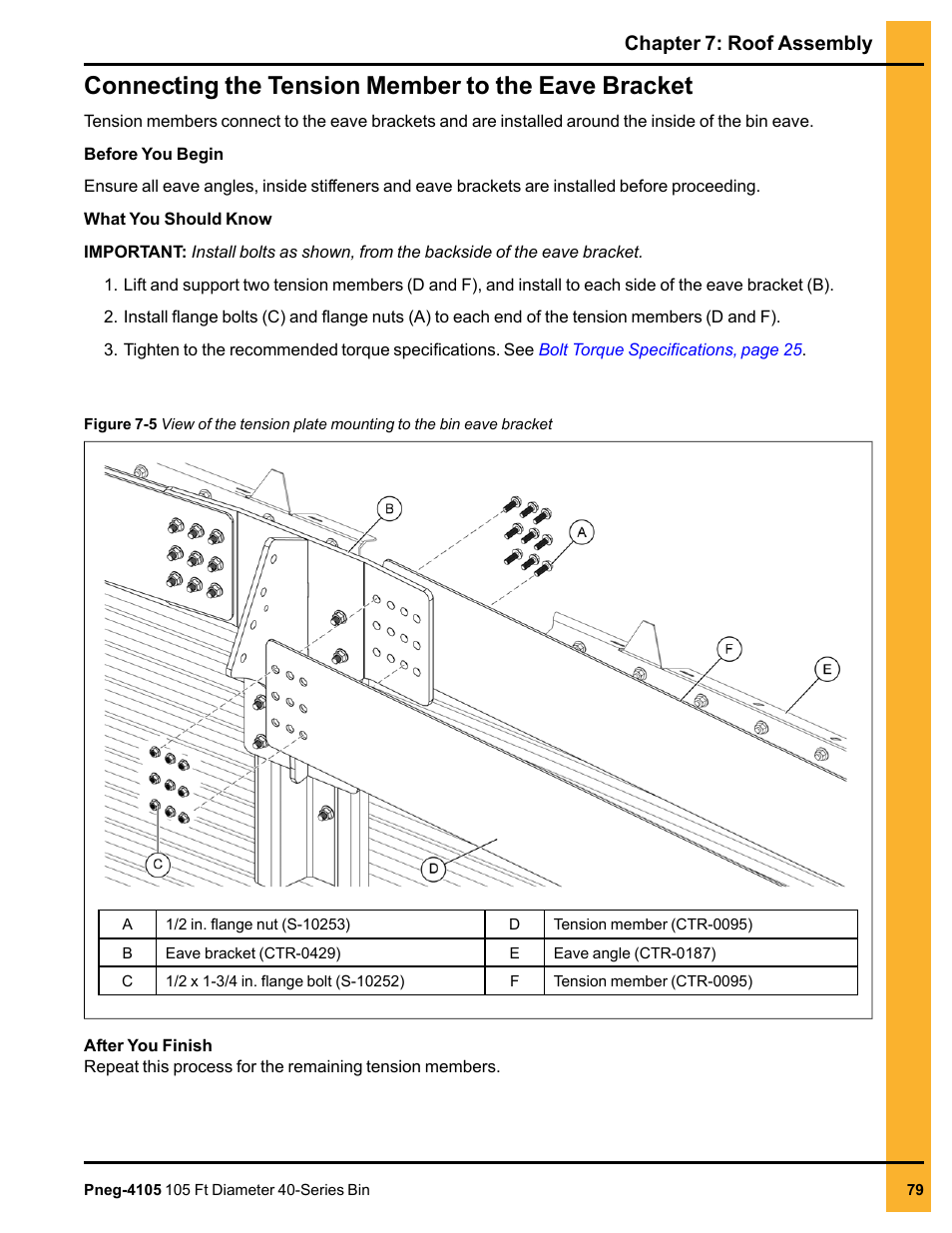 Connecting the tension member to the eave bracket, Chapter 7: roof assembly | Grain Systems Tanks PNEG-4105 User Manual | Page 79 / 178