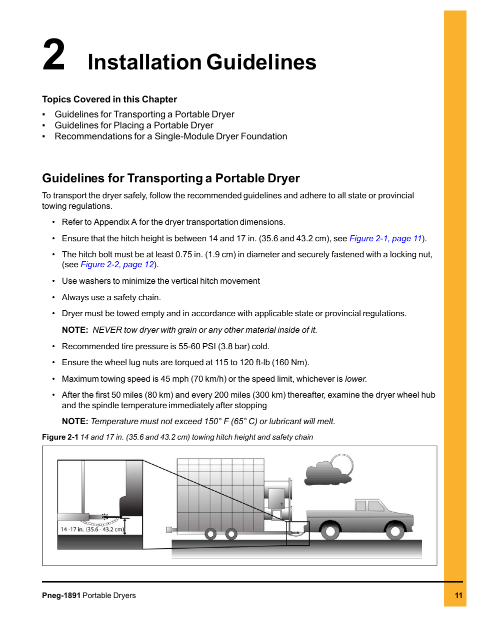 Chapter 2 installation guidelines, Guidelines for transporting a portable dryer, Chapter 2 | Installation guidelines | Grain Systems PNEG-1891 User Manual | Page 11 / 68