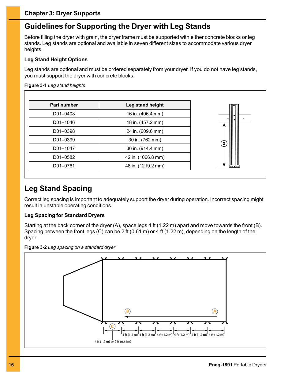 Leg stand spacing, Chapter 3: dryer supports | Grain Systems PNEG-1891 User Manual | Page 16 / 68