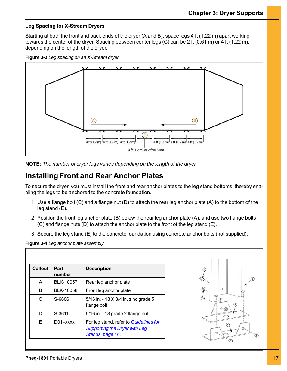 Installing front and rear anchor plates, Chapter 3: dryer supports | Grain Systems PNEG-1891 User Manual | Page 17 / 68