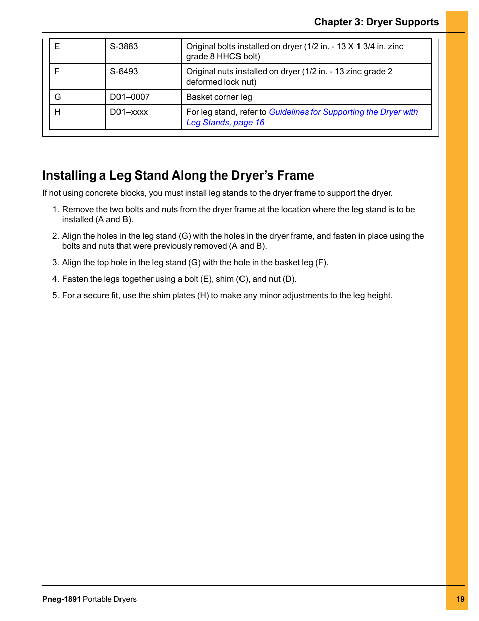 Installing a leg stand along the dryer’s frame | Grain Systems PNEG-1891 User Manual | Page 19 / 68