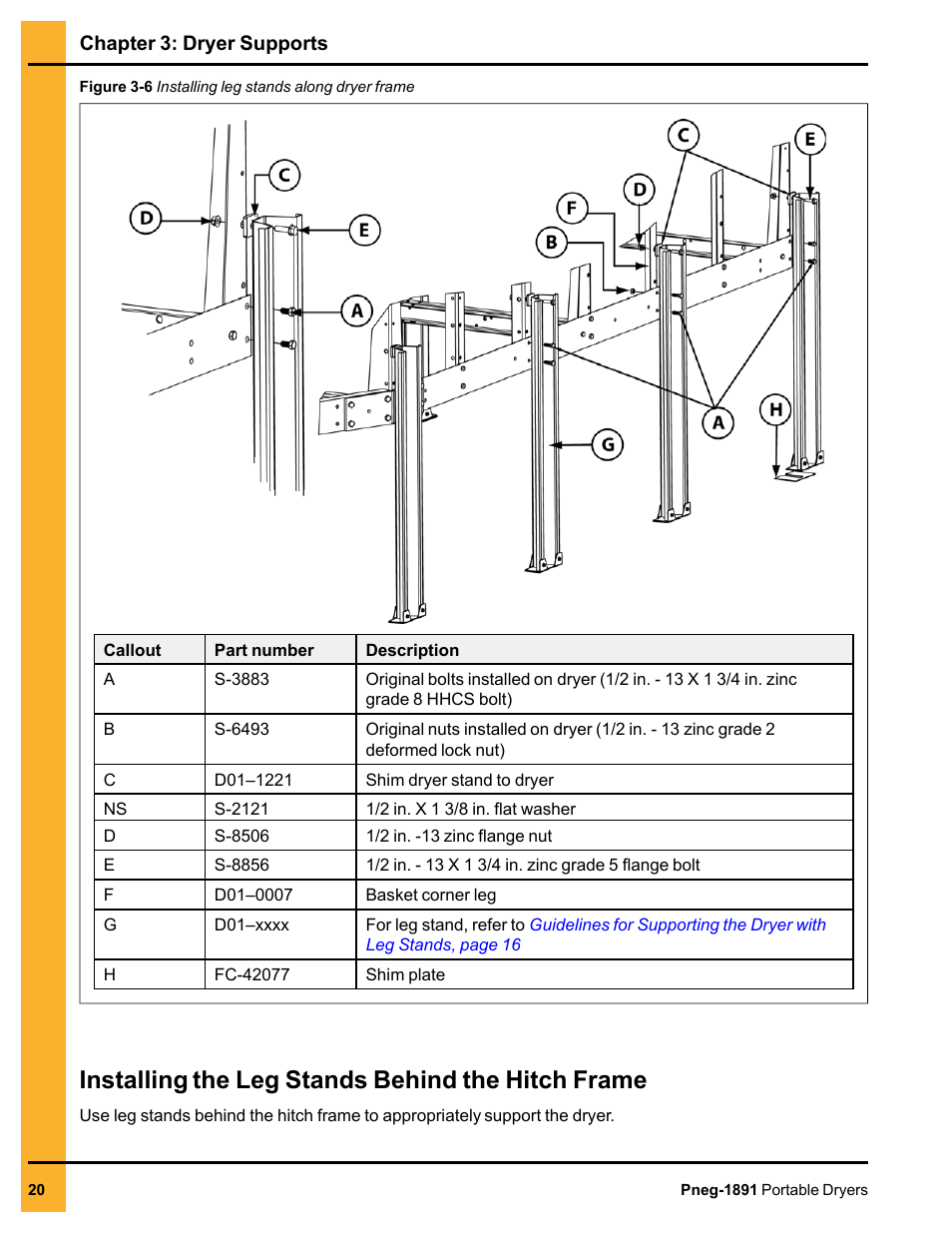 Installing the leg stands behind the hitch frame | Grain Systems PNEG-1891 User Manual | Page 20 / 68