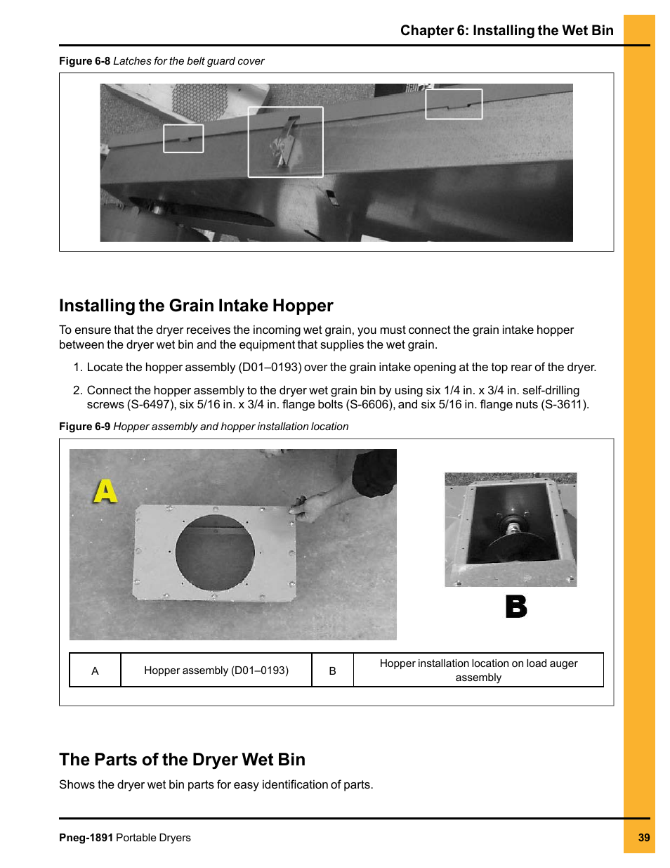 Installing the grain intake hopper, The parts of the dryer wet bin | Grain Systems PNEG-1891 User Manual | Page 39 / 68