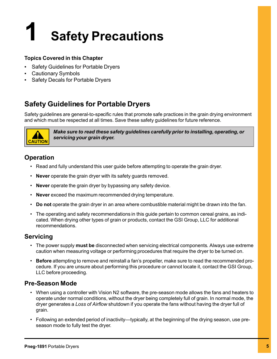 Chapter 1 safety precautions, Safety guidelines for portable dryers, Chapter 1 | Safety precautions | Grain Systems PNEG-1891 User Manual | Page 5 / 68