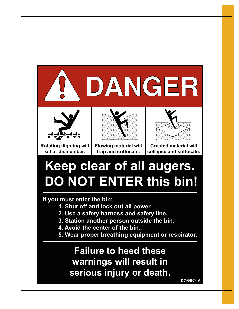 Keep clear of all augers. do not enter this bin | Grain Systems Special Roofs PNEG-RE78-H User Manual | Page 9 / 26